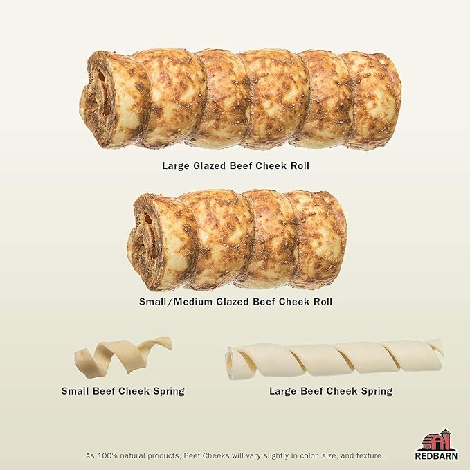 Redbarn Pet Products All-Natural Beef Cheek Rolls for Dogs, Grain-Free Cow Cheeks, Rich in Collagen, Available in Chicken & Carrot Glaze or Uncoated Chicken & Carrot, Small/Medium (Pack of 25)