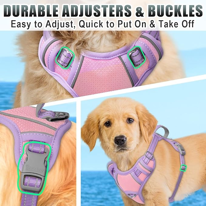BARKBAY No Pull Dog Harness Large Reflective Dog Harness with Front Clip and Easy Control Handle for Walking Training Running with ID tag Pocket(Baby Pink & Violet Purple,S)