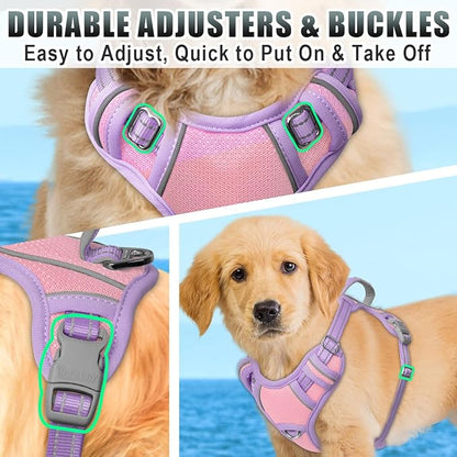 BARKBAY No Pull Dog Harness Large Reflective Dog Harness with Front Clip and Easy Control Handle for Walking Training Running with ID tag Pocket(Baby Pink & Violet Purple,S)