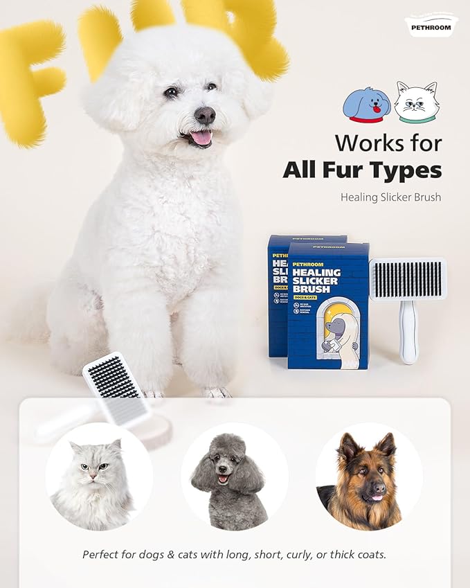 PETHROOM] Pet Healing Slicker Brush with One-Touch Clean Button | Gentle Grooming Brush for Dogs & Cats | Removes Shedding, Mats & Tangles with Coated Tips, White & Yellow