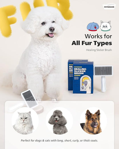PETHROOM] Pet Healing Slicker Brush with One-Touch Clean Button | Gentle Grooming Brush for Dogs & Cats | Removes Shedding, Mats & Tangles with Coated Tips, White & Yellow