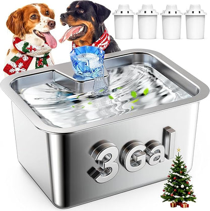 Stainless Steel Dog Water Fountain, 3 Gallon Extra Large Pet Fountains for Large Dogs, Great Dane Waterer Automatic Dog Bowl Dispenser,Filter Drinking Bowls for Multi Pets, Easy to Clean, Quiet Pump