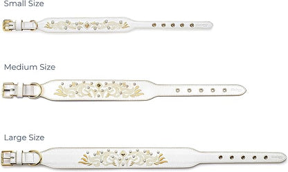 Blueberry Pet Western Genuine Leather Dog Collar for Small Breeds, Pearl White - Floral Embroidery, Pearl Studs, Adjustable 12-15 Inch Neck, Dog Collars for Small Dogs