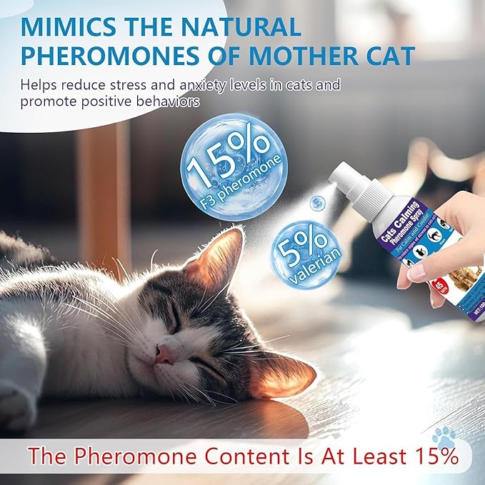 【𝐇𝐢𝐠𝐡𝐥𝐲 𝐄𝐟𝐟𝐞𝐜𝐭𝐢𝐯𝐞】Cat Calming Spray, 15% F3 Cat Pheromone Spray to Help Calm During Travel and Stress and Reduce Urine Spraying, Scratching, Excessive Grooming & Aggression 2*100mL