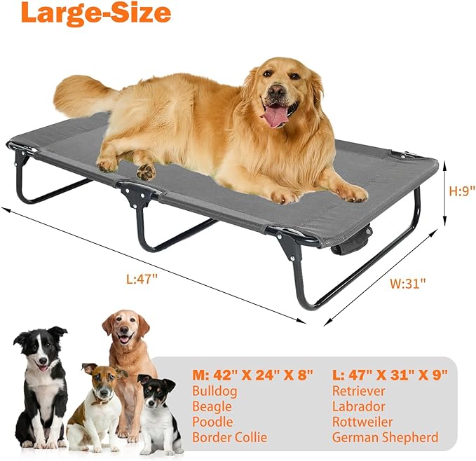 everfront Dog Elevated Bed Foldable Portable Raised Bed Camping cot Outdoor Summer Dog Bed (Large, Grey-Textilene)