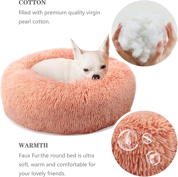 Calming Donut Dogs Beds for Small Dogs Washable,19inch Fluffy Round Puppy Bed for Puppies,Cats & Toy Breeds with Raised Rim,Fits up to 15 lbs Pets,Pink