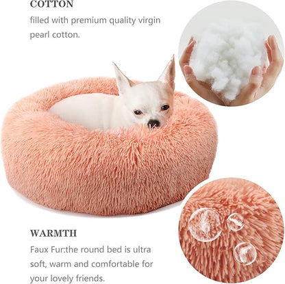 Calming Donut Dogs Beds for Small Dogs Washable,19inch Fluffy Round Puppy Bed for Puppies,Cats & Toy Breeds with Raised Rim,Fits up to 15 lbs Pets,Pink