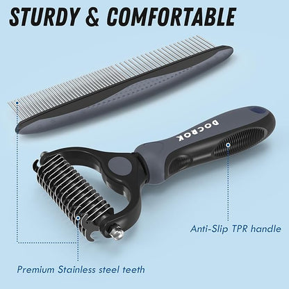 Docrok Pet Grooming Brush and Metal Comb Combo, Cat Brush Dog Brush for Shedding, Undercoat Rake for Dogs Grooming, Dematting Deshedding Brush Dogs Shedding Tool for Long matted Haired Pets, Gray