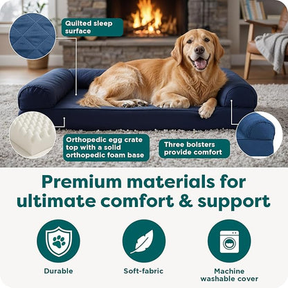 Furhaven Orthopedic Dog Bed for Large Dogs w/ Removable Bolsters & Washable Cover, For Dogs Up to 95 lbs - Quilted Sofa - Navy (Blue), Jumbo/XL