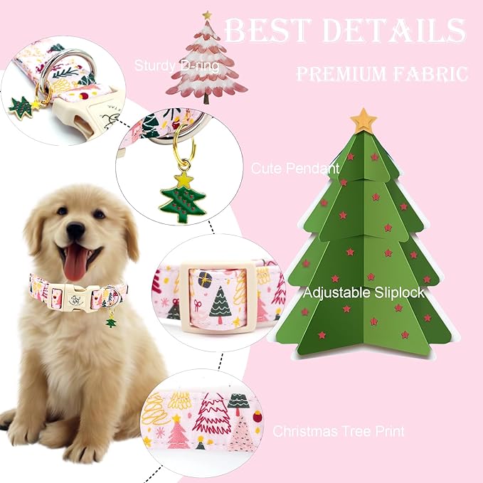 Elegant little tail Christmas Dog Collar - Christmas Tree Pink Pet Collar Cotton Soft Plastic Buckle Durable Puppy Collars Female or Male Adjustable Collar for Large Dogs