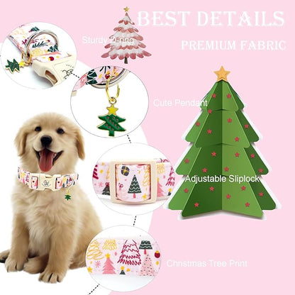 Elegant little tail Christmas Dog Collar - Christmas Tree Pink Pet Collar Cotton Soft Plastic Buckle Durable Puppy Collars Female or Male Adjustable Collar for Large Dogs