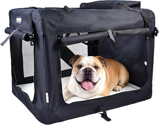 JESPET Soft Dog Crates Kennel for Pets, 3 Door Soft Sided Folding Travel Pet Carrier with Straps and Fleece Mat for Dogs, Cats (Graphite Black, Large(30" L x 21" W x 23" H))