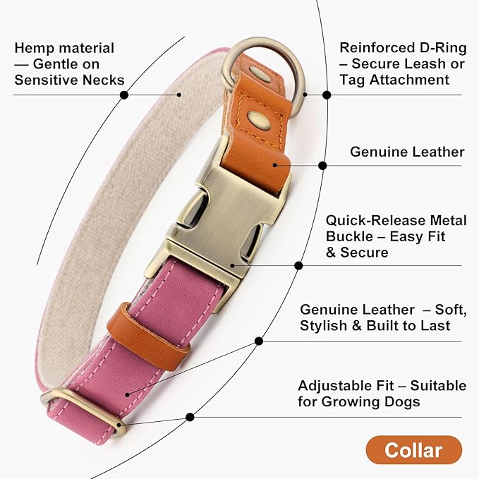 Plutus Pet Genuine Leather & Hemp Dog Collar – Adjustable Heavy Duty Pet Collar with Quick Release Metal Buckle, Soft & Stylish for Puppy and Small, Medium, Large Dogs (Pink, L)