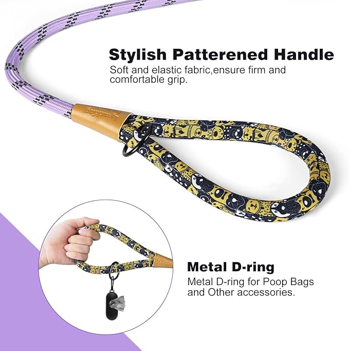 lynxking Rope Dog Leash 6 FT with Comfortable Padded Handle, Highly Reflective Threads Leash for Small Medium Large Dogs (Light Purple, 2PCS Large 1/2in x 6ft-Rope Clasp)