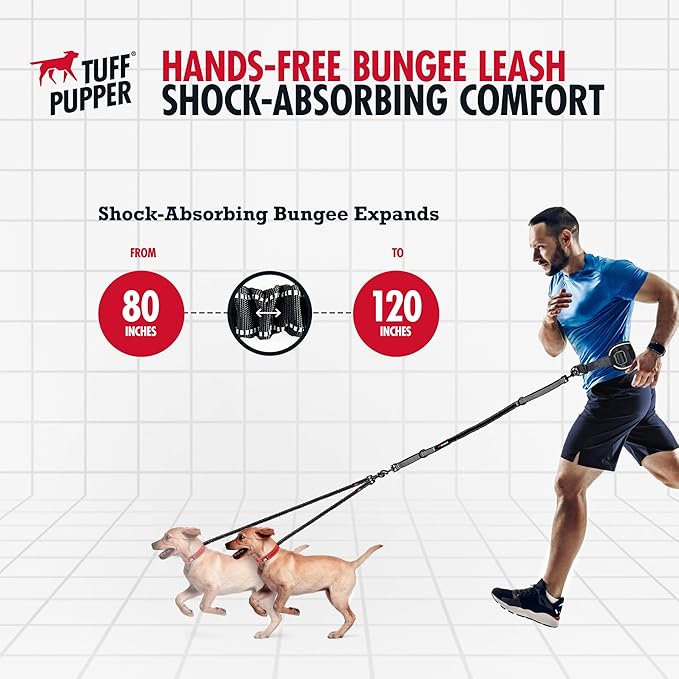 Tuff Pupper Heavy Duty Hands Free Dog Leash | Two Small/Medium Dogs Up to 90 lbs | Comfortable Shock Absorbing Bungee | Reflective Padded Handles | Lumbar Waist Belt 26-38" | Jogging Running Leash