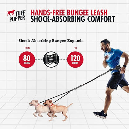 Tuff Pupper Heavy Duty Hands Free Dog Leash | Two Small/Medium Dogs Up to 90 lbs | Comfortable Shock Absorbing Bungee | Reflective Padded Handles | Lumbar Waist Belt 26-38" | Jogging Running Leash