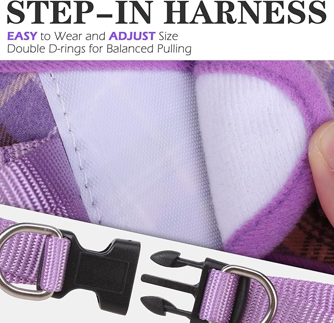 EXPAWLORER Classic Plaid Puppy Harness - Small Dog Harness and Leash Set - Dog Collar and Leash Set with AirTag Holder, Soft Padded Step in Dog Vest Harness No Pull Reflective for Outdoor, Purple XXS