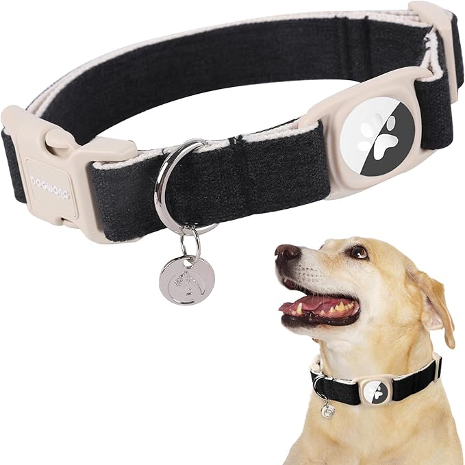 DOGWONG Airtag Cotton Hemp Dog Collar, Heavy-Duty Dog Collar with Airtag Holder Black Natural Fabric Pet Cute Puppy Necklace for Small Medium Large Dogs