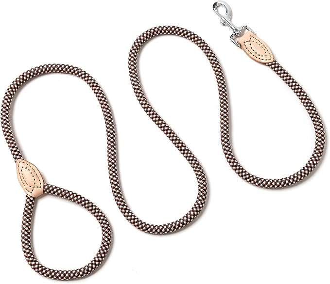 Mile High Life Rope Leash with Genuine Leather Connection, 6 FT/5 FT/4 FT, Heavy Duty Leash for Small Medium & Large Dogs(Brown,60 Inch)