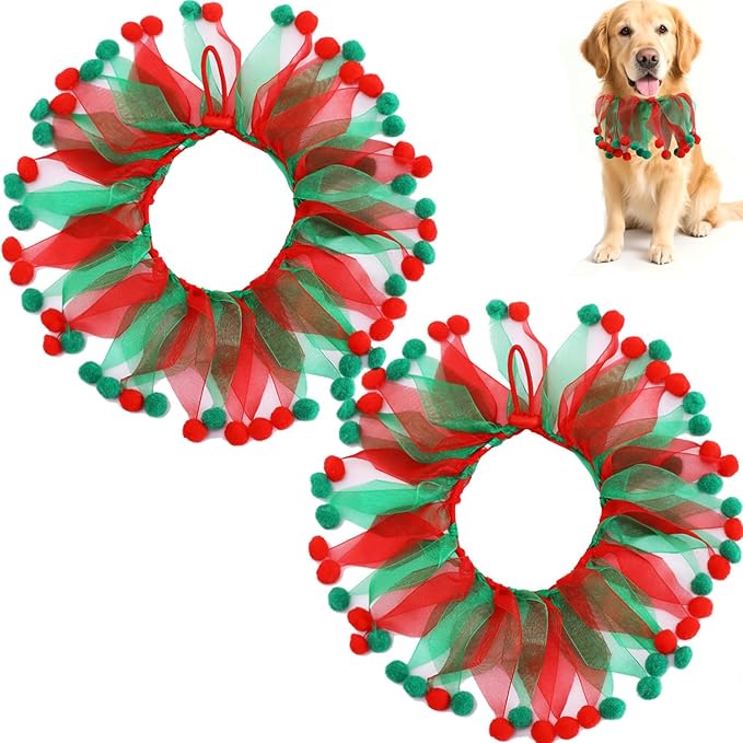 2PCS Christmas Pet Collar Ornaments Red Green Collar Adjustable Holiday Dress for Cat and Dog (C-L-45CM)