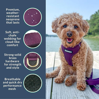 DJANGO Adventure Dog Harness - Stylish, and Durable Medium Dog Harness for Outdoor Adventures and Everyday Wear - Plum Purple Neoprene Adjustable Harness for Dogs with Reflective Piping, Brass D-Ring