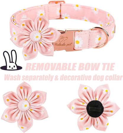 Daisy Dog Collar with Flower Bow Tie, Elegant Spring Flower Bowtie Dog Collar, Durable Adjustable Cotton Pet Collar for Small Medium Large Dogs M