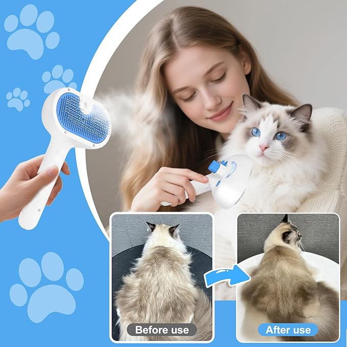 Pet Steam Brush for Dog & Cat - 3-in-1 Steam Grooming Brush for Shedding & Hair Removal - Pet comb leave-in serum with Mist for Long Haired Pets - Includes 2*Waterless Shampoo, Blue