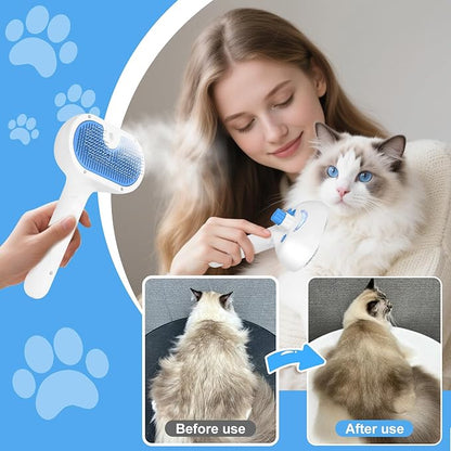 Pet Steam Brush for Dog & Cat - 3-in-1 Steam Grooming Brush for Shedding & Hair Removal - Self Cleaning Spray Comb with Mist for Long Haired Pets, Blue(waterless shampoo not include)