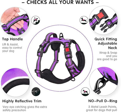 PoyPet No Pull Dog Harness, [Release on Neck] Reflective Adjustable No Choke Pet Vest with Front & Back 2 Leash Attachments, Soft Control Training Handle for Small Medium Large Dogs(Purple,XL)
