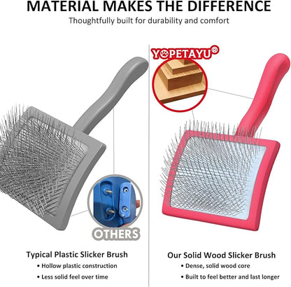 Dog Slicker Brush & Stainless Steel Comb Set for Shedding & Grooming Medium & Large Long or Thick Coated Dogs, Doodles & Cats, 1 Inch Pin Slicker Brush with Ergonomic Wooden Handle, Red