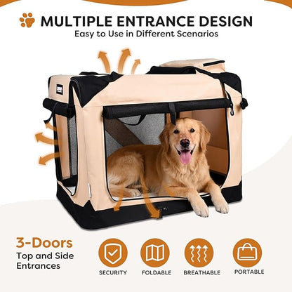 JESPET Soft Dog Crates Kennel for Pets, 3 Door Soft Sided Folding Travel Pet Carrier with Straps and Fleece Mat for Dogs, Cats (Camel, X-Large(36" L x 24" W x 27" H))