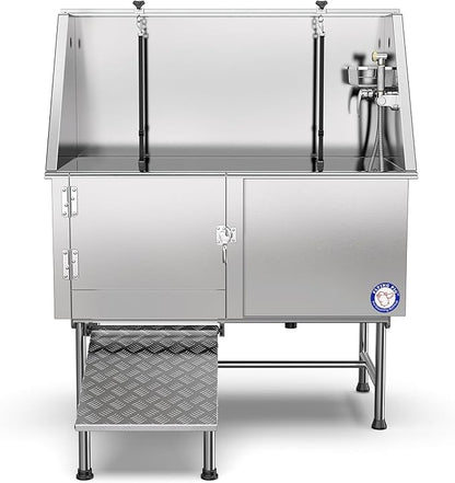 Flying Pig 50" Stainless Steel Pet Dog Grooming Bath Tub with Walk-in Ramp & Accessories (Left Door/Right Drain)