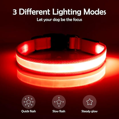 Vizpet LED Dog Collar, Light Up Dog Collar Adjustable USB Rechargeable Super Bright Safety Light Glowing Collars for Dogs(Medium,Red)
