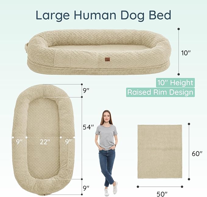 Human Dog Bed for Adult - Luxury Faux Fur Giant Size Dog Bed with Portable Handle, Egg Orthopedic Foam Bed with Blanket, 72"x40"x10", Linen