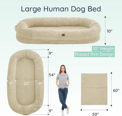 Human Dog Bed for Adult - Luxury Faux Fur Giant Size Dog Bed with Portable Handle, Egg Orthopedic Foam Bed with Blanket, 72"x40"x10", Linen