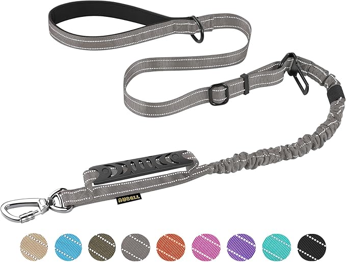 AUBELL Tactical Dog Leash Heavy Duty,4-6ft Reflective Strong No Pull Bungee Leash for Small Dogs with Comfortable Padded Double Handle,Car Seat Belt,360 Degree Rotating Carabiner,Grey