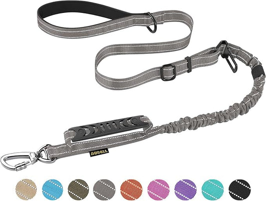 AUBELL Tactical Dog Leash Heavy Duty,4-6ft Reflective Strong No Pull Bungee Leash for Small Dogs with Comfortable Padded Double Handle,Car Seat Belt,360 Degree Rotating Carabiner,Grey