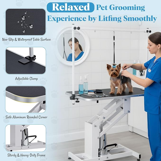 Garvee 43.3 in Hydraulic Pet Grooming Table, Professional Hydraulic Grooming Table w/Max 350 LBS Loading Capacity, 3 Adjsutable Nooses, Adjustable Height Range 22 in -39 in