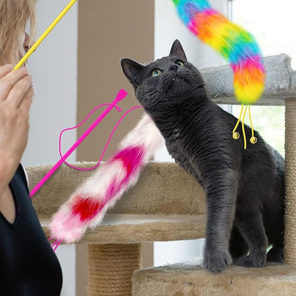 Lepawit 2 Pack Cat Wand Toy, Rainbow Cat Feather Toys with Bells, Teaser Wand with Soft Furry Tail, Interactive Toys for Indoor Cats & Kitten & Kitty