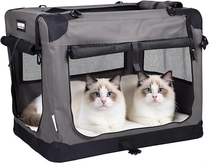 JESPET Soft Cat Crates Kennel, 3 Door Soft Sided Folding Travel Pet Carrier with Straps and Fleece Mat for Dogs, Cats(Dark Grey, Medium(27" L x 20" W x 20" H))