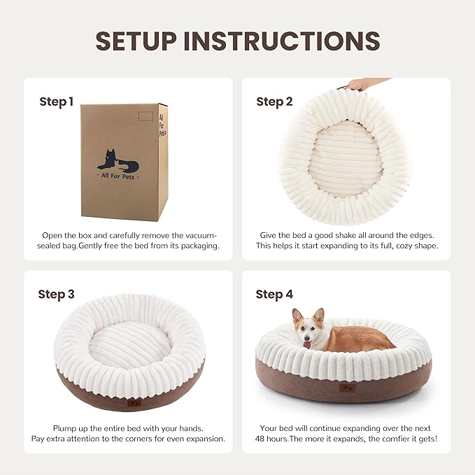 Warmrest Donut Dog Bed Medium Size Dog 36 Inch, Round Cat Beds for Small Medium Dogs and Cats with Washable Fluffy Faux Fur, Cute Comfort Pet Bed with Anti-Slip Bottom, Cream