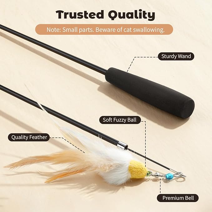 VavoPaw 4-in-1 Interactive Cat Toys for Indoor Cats, Retractable Cat Wand Toy with Feather, Crinkle Paper Refills, Kitten Toys Teaser Wand for Bored Indoor Adult Cats and Kittens