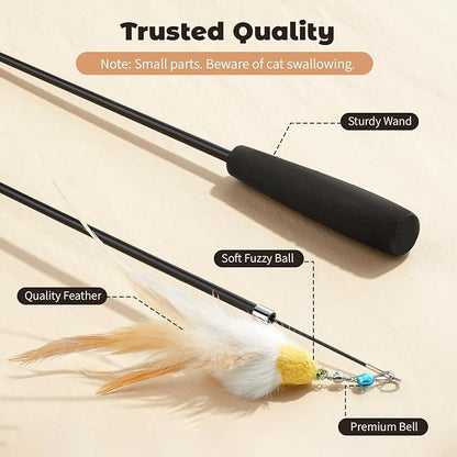 VavoPaw 4-in-1 Interactive Cat Toys for Indoor Cats, Retractable Cat Wand Toy with Feather, Crinkle Paper Refills, Kitten Toys Teaser Wand for Bored Indoor Adult Cats and Kittens