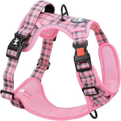 PoyPet No Pull Dog Harness, [Release at Neck] Reflective Adjustable No Choke Pet Vest with Front & Back 2 Leash Attachments, Soft Control Training Handle for Large Dogs(Checkered Pink,XL)