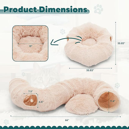 DUMOS Cat Tunnel Bed for Indoor Cats Cave Donut Play Tunnel, Soft Plush Peekaboo, Circle Cushion, Washable Multifunctional Playground Under Tree Pet Toys for Kittens, Puppy Rabbit, Ferret -Cream White