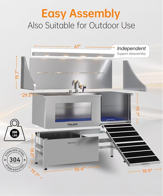 POLIMO Dog Washing Station, LED Professional Stainless Steel Dog Bathing Station 61", Dog Grooming Tub for Large, Medium & Small Dog - with Window, Ramp, Drawer, Floor Grate & Faucet (Right Ramp, 61")