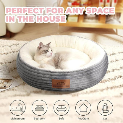 Zerbuger 23in Round Cat Dog Bed for Large Medium Small Dogs Cats, Machine Washable Sleeping Sofa, Non-Slip Bottom Breathable Soft Calming Pet Cuddler for Indoor/Outdoor/Car/Cage, Light Grey