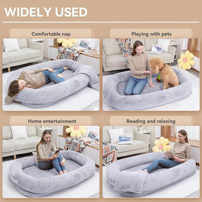 Ultra-Soft Human Size Dog Bed for People and Pets; 77”x51”x11” Extra Large Dog Bed with Raised Cushioned Rim, Removable Cover, Waterproof Lining and Bonus Blanket (77"x51"x11", Grey)