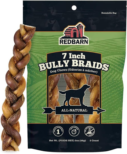 Redbarn Pet Products 7" Braided Bully Sticks for Dogs - Natural, Grain-Free, Highly Palatable, Long-Lasting Dental Chews Sourced from Free-Range, Grass-Fed Cattle, 3-Count, Pack of 12