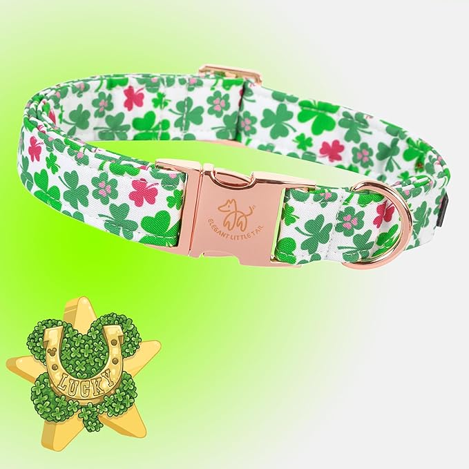 Elegant little tail St Patrick's Dog Collar, Green Clover Pet Collar Cotton Holiday Pet Collar Cute Puppy Collar Adjustable Pet Dog Collars for Medium Dogs